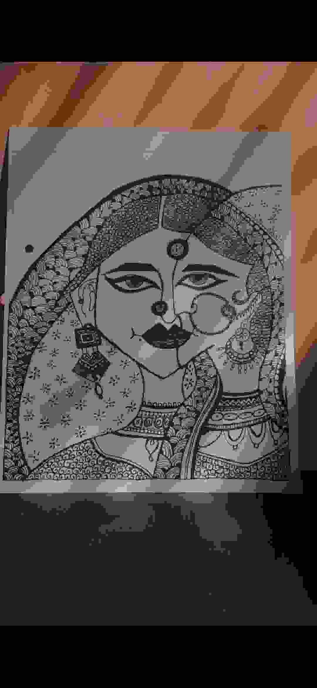 Graceful Charm: Charcoal Portrait Print of a Rajasthani Woman Holding